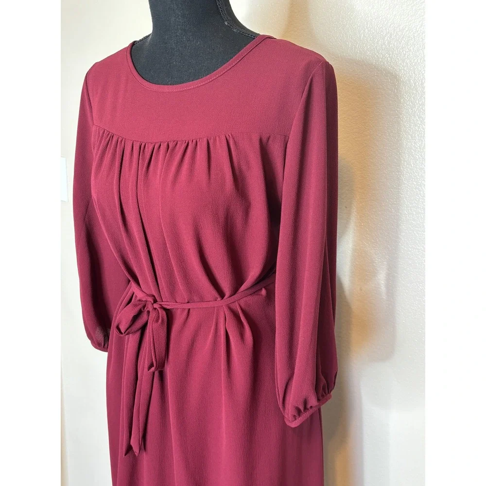 Downeast Burgundy Long Sleeve Belted Midi Dress Round Neck Maroon Large USA - Picture 2 of 8